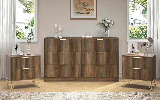 Walnut Dresser and Nightstand Sets, 6 Drawer Dresser Set for Bedroom 3 Piece, 55” Wide Fluted Wood Dressers W/Metal Handle & Night Stand Set of 2, Modern Bedroom Furniture Sets, Walnut