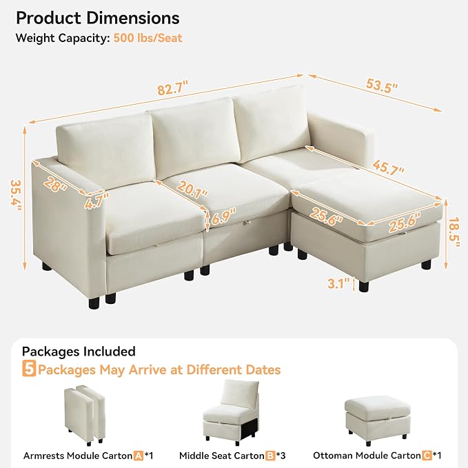 WUTUTUEE 83”L-Shaped Modular Sectional Sofa with Storage & Movable Ottoman, Convertible 4-Seat Reversible Chaise Chenille Couch for Living Room, Soft Beige Fabric, Modern Design