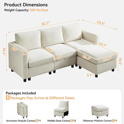 WUTUTUEE 83”L-Shaped Modular Sectional Sofa with Storage & Movable Ottoman, Convertible 4-Seat Reversible Chaise Chenille Couch for Living Room, Soft Beige Fabric, Modern Design