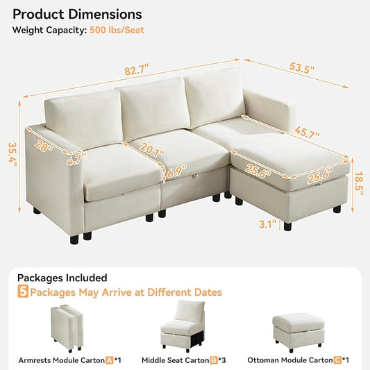 WUTUTUEE 83”L-Shaped Modular Sectional Sofa with Storage & Movable Ottoman, Convertible 4-Seat Reversible Chaise Chenille Couch for Living Room, Soft Beige Fabric, Modern Design