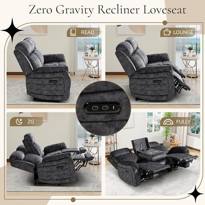 Power Reclining Sofa Set with Zero Gravity, Adjustable Headrest, Electric Reclining Sofa and Loveseat with USB/Type-C Ports, Reclining Living Room Set for Home Theater (Grey, Loveseat+Sofa)