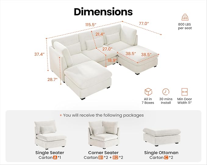 115" Oversized Chenille Couch Modular Sectional Sofa, Washable Cloud Couch Sectional with 2 Ottoman, 5 Seater Sectional Couches for Living Room, Fully Cover Removable, U Shaped, Chenille, White