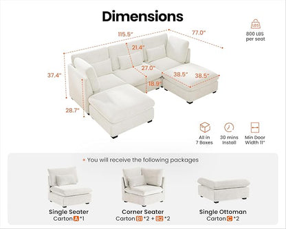 115" Oversized Chenille Couch Modular Sectional Sofa, Washable Cloud Couch Sectional with 2 Ottoman, 5 Seater Sectional Couches for Living Room, Fully Cover Removable, U Shaped, Chenille, White