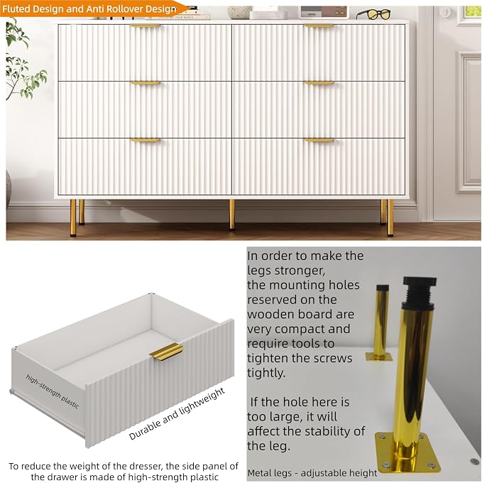 White Fluted 6 Drawers Dresser for Bedroom with Gold Handle, 56" Wide Modern Wooden Chest of Drawers, Bedrooms Tv Stand Storage Organizer Dressers for Living Room Closet