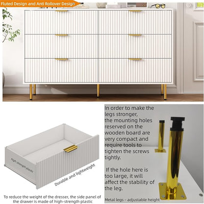 White Fluted 6 Drawers Dresser for Bedroom with Gold Handle, 56" Wide Modern Wooden Chest of Drawers, Bedrooms Tv Stand Storage Organizer Dressers for Living Room Closet