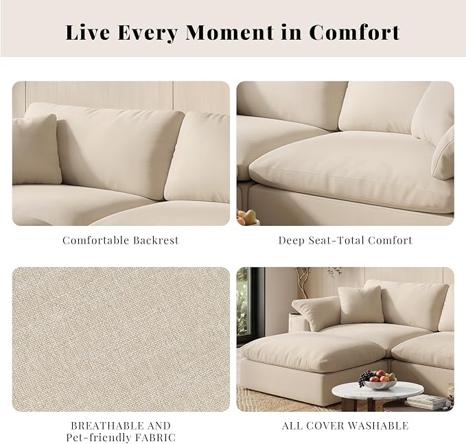Modular Sectional Sofa Cloud Couch,78.6" Down Filled Comfy Cloud Modern Sofa,2 Seater with Khaki Linen Couch Cushion Covers Removable Furniture for Living Room