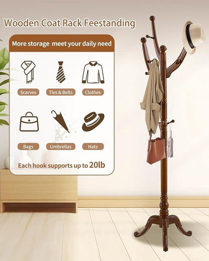 Wooden Coat Rack Freestanding, Solid Wood Coat Rack Stand with 13 Hooks, Mid-Century Modern Heavy Duty Coat Racks,Walnut Brown Standing Coat Jacket Hanger Clothes Tree Stand for Corner, Office