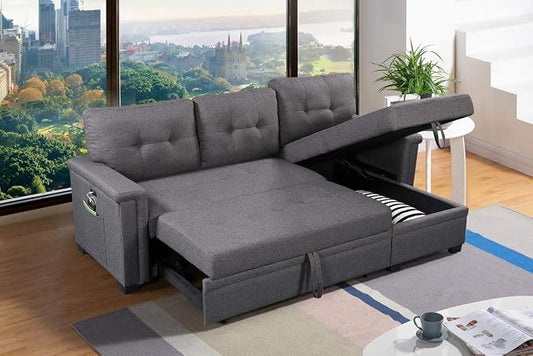 Lilola Home Ashlyn 84-inch Wide Dark Gray Linen Fabric Reversible Sleeper Sectional Sofa with USB Charging Ports – Convertible Pull-Out Bed, Storage Chaise, Side Pockets, and Medium Firm Cushioning