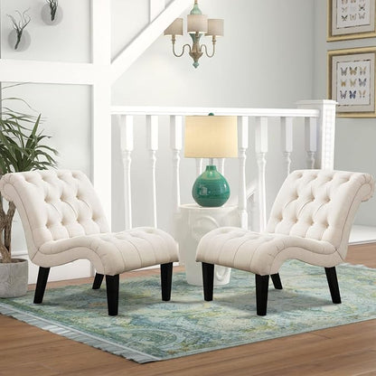 Accent Chairs Set of 2 Mid Century Modern Tufted Upholstered Chair for Living Room Bedroom Curved Armless Side Chairs with Wood Legs Linen Fabric