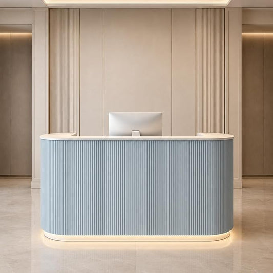Modern Reception Desk, Reception Desk with Counter for Office and Salon | Power Outlet Lockable Cabinet Keyboard Tray Privacy Panel Cable Grommet Open Storage Storage Cabinet