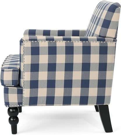 Christopher Knight Home Eve Modern Upholstered Club Chair, Wooden Living Room Accent Chair, Comfy Bedroom Reading Chair, Multifunctional Armchair, Blue Checkerboard