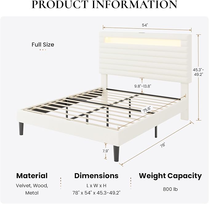 SHA CERLIN Full Bed Frame with LED Light & 2-Tier Storage Shelf, Velvet Upholstered Adjustable Headboard with Charing Station, Horizontal Channel Tufted, No Box Spring Needed, Easy Assembly, Cream