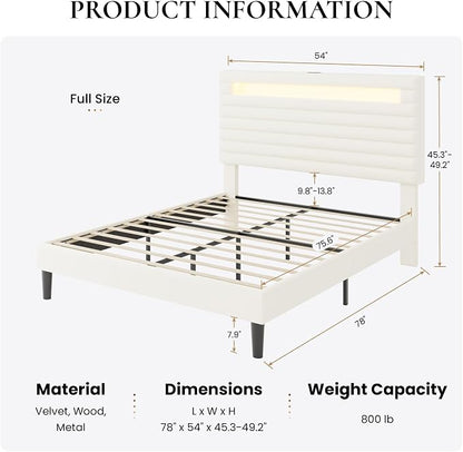 SHA CERLIN Full Bed Frame with LED Light & 2-Tier Storage Shelf, Velvet Upholstered Adjustable Headboard with Charing Station, Horizontal Channel Tufted, No Box Spring Needed, Easy Assembly, Cream