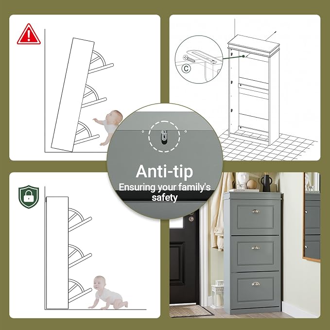 Haotian FSR94-HG, Grey Shoe Storage Cabinet with 3 Flip Drawers, Freestanding Shoe Rack, Shoe Storage Cupboard Organizer(9.4" D x 20.9" W x 46.1" H)