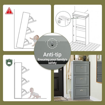 Haotian FSR94-HG, Grey Shoe Storage Cabinet with 3 Flip Drawers, Freestanding Shoe Rack, Shoe Storage Cupboard Organizer(9.4" D x 20.9" W x 46.1" H)