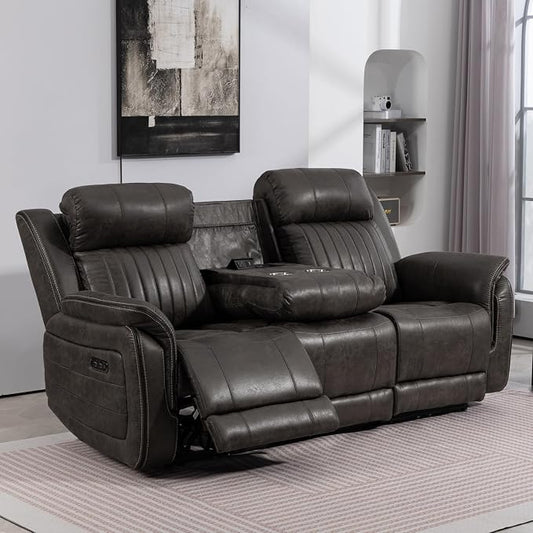 Power Zero Gravity Reclining Sofa with Adjustable Headrest, Electric Reclining Couch with Drop Down Table, Power Recliner Sofa 3-Seater for Living Room (Badlands Charcoal-Sofa)