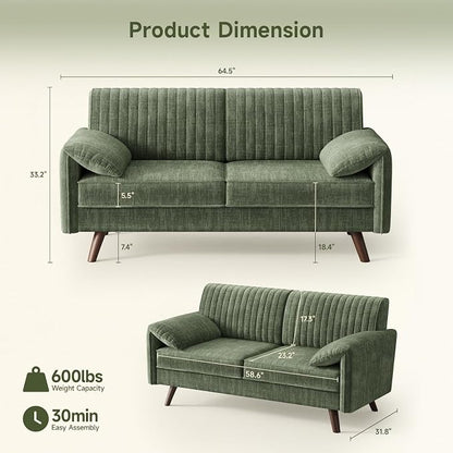 ONBRILL 64.5" Loveseat Sofa, Chenille Loveseat Couch for Living Room, 23.2" Deep Seat Love Seat with Padded Arms, Comfy Modern Small Couches for Bedroom, Small Spaces, Dorms, Office, Green