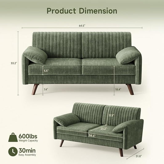 ONBRILL 64.5" Loveseat Sofa, Chenille Loveseat Couch for Living Room, 23.2" Deep Seat Love Seat with Padded Arms, Comfy Modern Small Couches for Bedroom, Small Spaces, Dorms, Office, Green