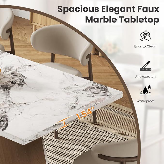 HOMISSUE 71 Inch Modern White Dining Table for 6-8 People, Large Faux Marble Kitchen and Dining Room Table,Rectanglar Dinner Table with Metal Frame for Dining Room, Living Room, White