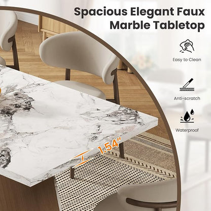HOMISSUE 71 Inch Modern White Dining Table for 6-8 People, Large Faux Marble Kitchen and Dining Room Table,Rectanglar Dinner Table with Metal Frame for Dining Room, Living Room, White