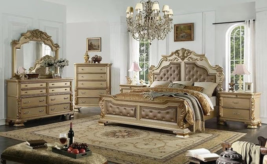 First of a Kind Miranda Gold Finish Traditional 5 Piece Queen Bedroom Set with Upholstered Tufted Headboard Ornate European Inspired Design Coordinated Furniture Collection