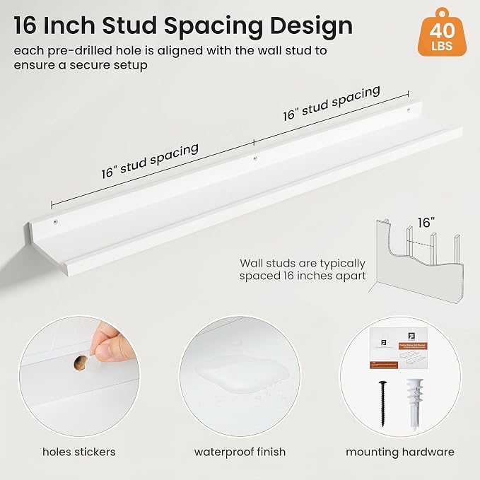 Axeman Picture Ledge Shelf | 40 Inch Floating Shelves Set of 4 | White Wall Shelves with Lip | White Picture Shelf for Wall with Ledge | Wood Photo Ledges for Living Room Bedroom