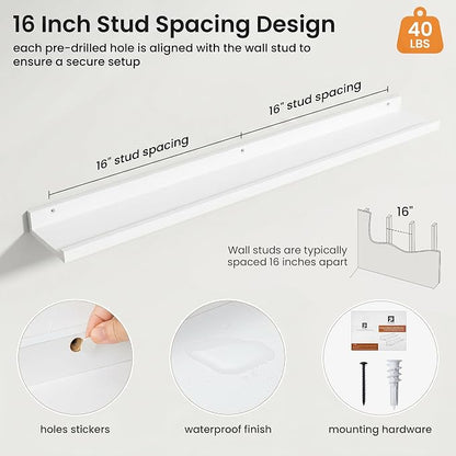 Axeman Picture Ledge Shelf | 40 Inch Floating Shelves Set of 4 | White Wall Shelves with Lip | White Picture Shelf for Wall with Ledge | Wood Photo Ledges for Living Room Bedroom