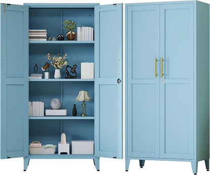 61" Tall Farmhouse Metal Storage Cabinet, Kitchen Pantry Storage Cabinets with 2 Barn Door and 3 Adjustable Shelves, for Home, Office, Kitchen, Laundry Room, Kids Room, Entryway, Blue