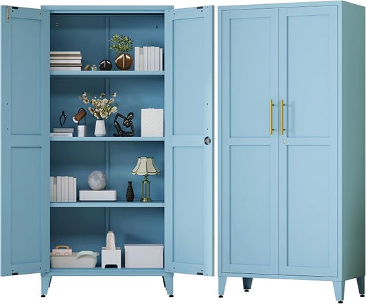 61" Tall Farmhouse Metal Storage Cabinet, Kitchen Pantry Storage Cabinets with 2 Barn Door and 3 Adjustable Shelves, for Home, Office, Kitchen, Laundry Room, Kids Room, Entryway, Blue