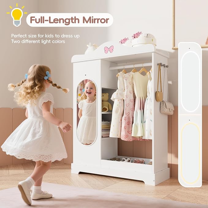 Kids Armoire with Jewelry Cabinet, Kids Dress Up Storage with Shelves, Girls Wardrode Costume Organizer with Full Length Mirror, Children Closet with Armoire for Bedroom, Kids Room, Girls