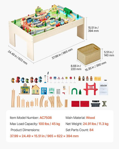 VEVOR Train Table, 84 Multicolor Pieces Wooden Kids Activity Table with Collapsible Storage Bin, 3-in-1 Wooden Train Set for Gaming, Drawing, Reading, Eating, Creative Toy Set for Kids Ages 3+