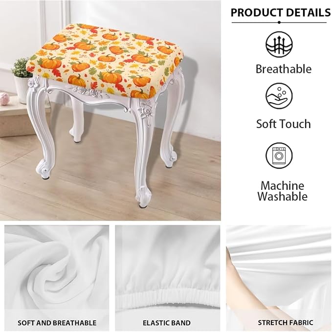 Pumpkin Maple Leaf Bar Stool Covers Thanksgiving Stool Covers Rectangular Stretch Washable Vanity Chair Cover Rectangle 2 Pack with Elastic Band