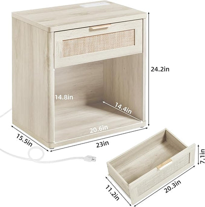 LEYAOYAO Rattan Nightstand with Charging Station, Grey White Night Stand with Drawer, 23" Wide Boho Bedside Table with Storage Shelf, Bed Side End Tables for Bedroom, Living Room, Hallway