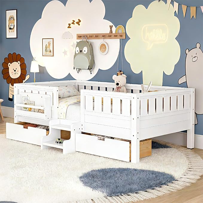 Bellemave Twin Bed with Storage Drawers & Bookshelf, Low Profile Kids Bed Frame with Staircase & Full Length Guardrails, Solid Wood Twin Bed for Kids with Slats Load 300LBS, Easy Assembly, White