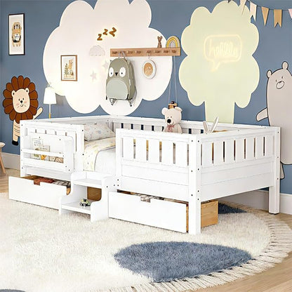 Bellemave Twin Bed with Storage Drawers & Bookshelf, Low Profile Kids Bed Frame with Staircase & Full Length Guardrails, Solid Wood Twin Bed for Kids with Slats Load 300LBS, Easy Assembly, White