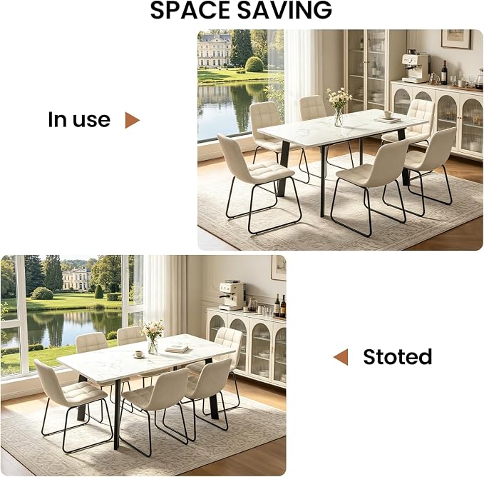 47.2"-63" Expandable Dining Room Table Set for 4-8 People, White | Removable Extension Leaf, Durable MDF Rectangle Tabletop, 6 Beige Sleek Faux Leather Chairs, Heavy Duty Modern Kitchen Table
