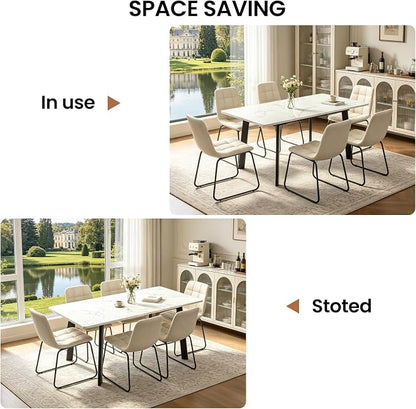 47.2"-63" Expandable Dining Room Table Set for 4-8 People, White | Removable Extension Leaf, Durable MDF Rectangle Tabletop, 6 Beige Sleek Faux Leather Chairs, Heavy Duty Modern Kitchen Table