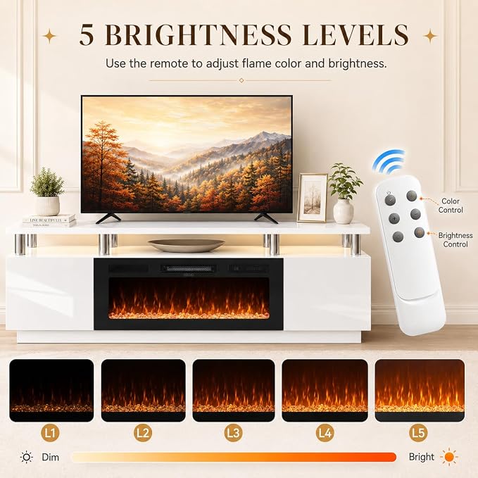 70" TV Stand & Entertainment Center, Media Console with Storage Shelves, Fits TVs up to 80", Modern Living Room Furniture, 36" Electric Fireplace (White+Black)