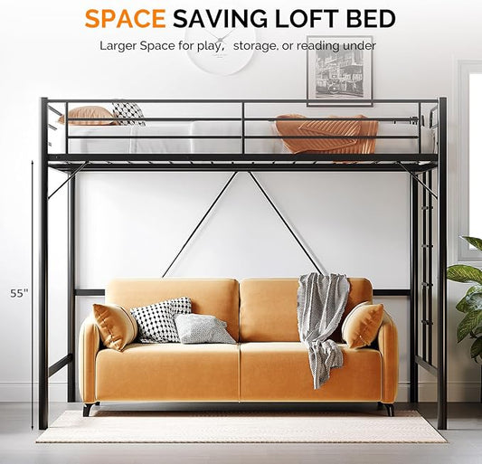 VINGLI Queen Loft Bed with Flat Rungs for Adults, Kids and Young Teens, No Box Spring Required,Heavy Duty Metal Slat Support, Cloud White