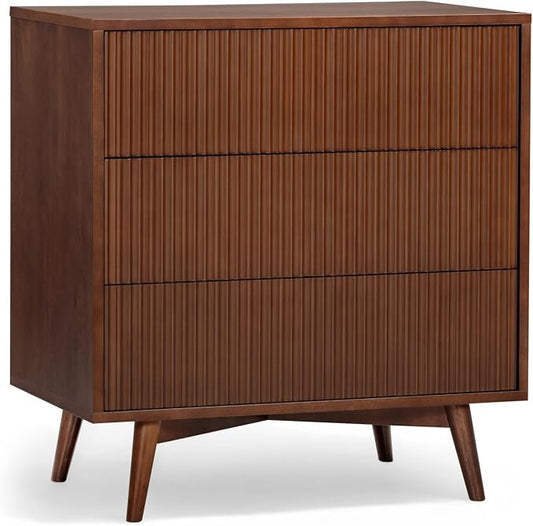 Teamson Home 30″ Wide Fluted Dresser with 3 Push-Open Drawers, Deep Storage with Natural Fluted Front Texture, Solid Rubber Wood Feet and Real Veneer Finish for Bedroom or Living Room, Walnut | 3 Push-Open Drawers, Deep Storage with Natural Fluted Fron...