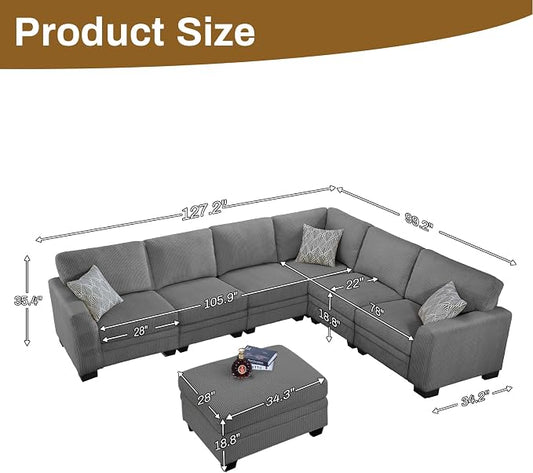 Legend Vansen Oversized Modular Sectional Sofa,7 Seat U Shaped Couch with Ottoman,Corduroy Sofa with Deep Seat,Convertible Large Sectional Couches for Living Room (Grey, L-9）