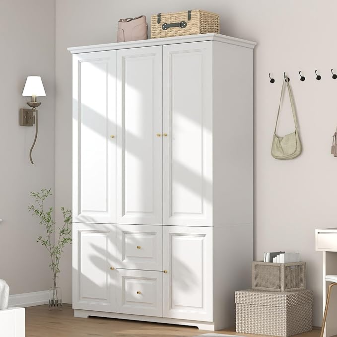Bedroom Armoire Wardrobe Closet with Drawers: White Wardrobe Closet for Hanging Clothes, Large Wardrobes Storage Closets, Wood Closets Cabinets with Doors and Shelves (White, 47")