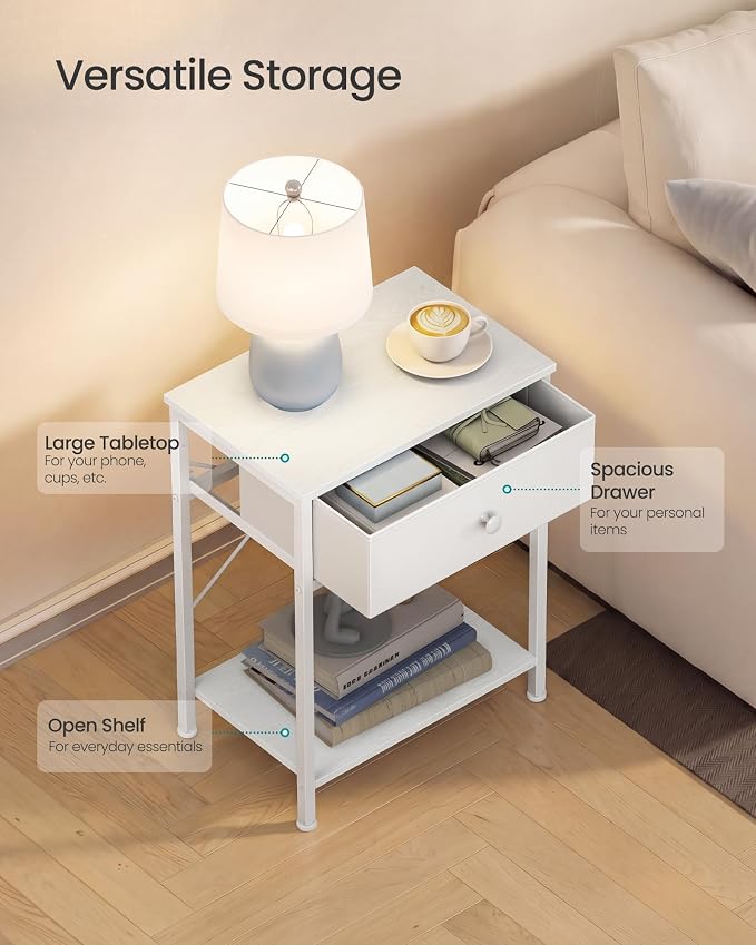 SONGMICS Bedside Table, Side Table with Drawer, Nightstand with Lower Shelf, for Bedroom, Living Room, 11.8 x 15.6 x 23.8 inches, Set of 2, Cloud White, BELLAH Collection ULGS111W101S