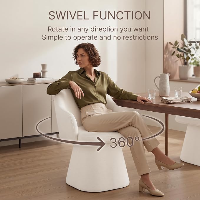 KISLOT Swivel Dining Chairs Set of 1, Upholstered Modern Barrel Dining Chairs with 360° Swivel Base, Chenille Velvet Fabric Accent Kitchen Chairs with Arms, Padded Dining Room Chairs, Cream