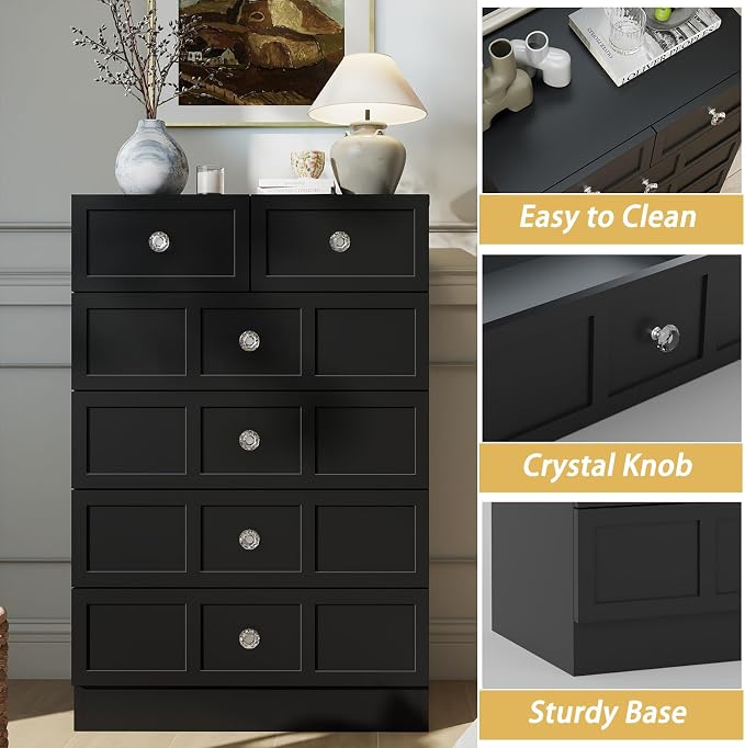 6 Drawer Dresser for Bedroom: 24" Black Chest of Drawers with Deep Drawers, Tall Fluted Dresser with Storage, Modern Wood Dressers for Bedroom, Living Room