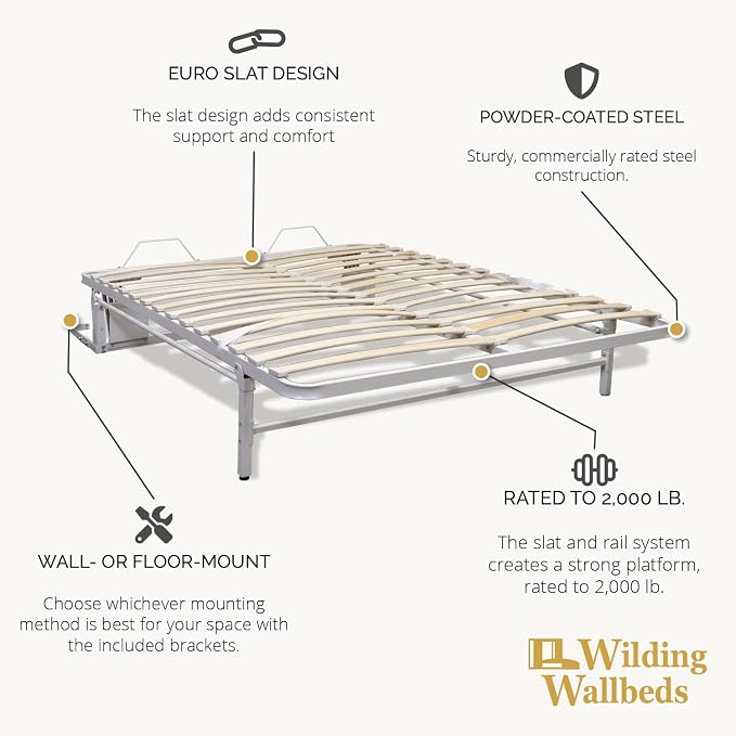 Wilding Wallbeds Deluxe Murphy Bed Frame (Queen) Vertical Wallbed, Powder-Coated Steel Frame for Folding Cabinet, Pull-Out Bed, Hidden Bed
