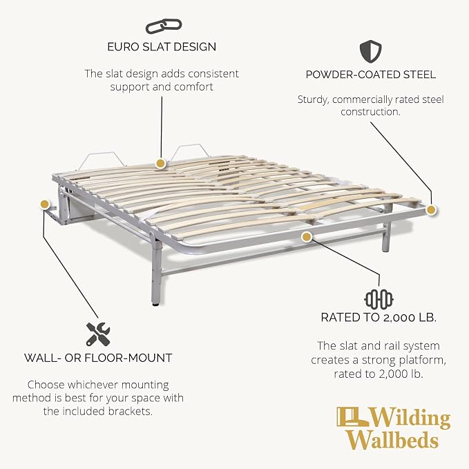 Wilding Wallbeds Deluxe Murphy Bed Frame (Twin) Vertical Wallbed, Powder-Coated Steel Frame for Folding Cabinet, Pull-Out Bed, Hidden Bed