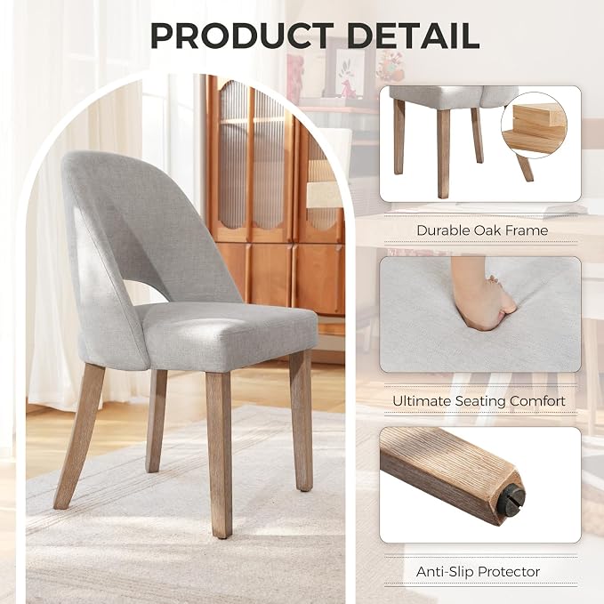 Wooden Dining Chairs Set of 2, Upholstered Modern Chenille Dining Room Chair Kitchen Chairs, Comfy Farmhouse Dinner Chair for Kitchen Dining Room, Grey