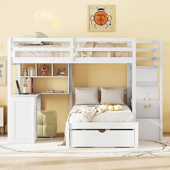 Merax Full Over Twin Bunk Bed with Desk, Drawers and Shelves, White