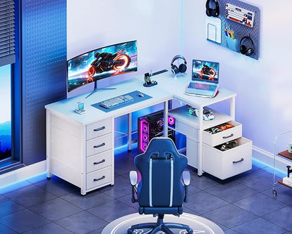 Coleshome L Shaped Computer Desk with 6 Fabric Drawers & Power Outlet, 55 Inch Corner Desk with Reversible Storage Shelf & File Drawer, Home Office Desk, White